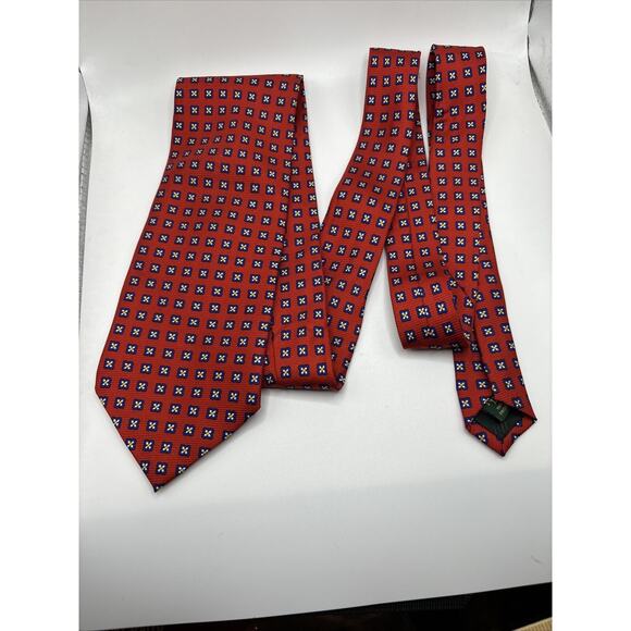 Ralph Lauren Silk Necktie Hand Made USA Red With Blue Dot Flowers Polo Tie 56” - Picture 7 of 7